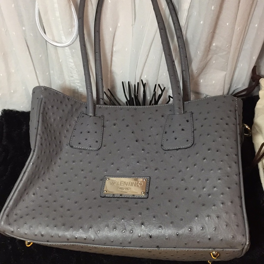 Valentino ostrich-embossed grey tote